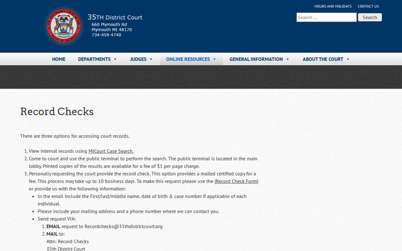 Plymouth Township resident lookup 35th District Court records access page